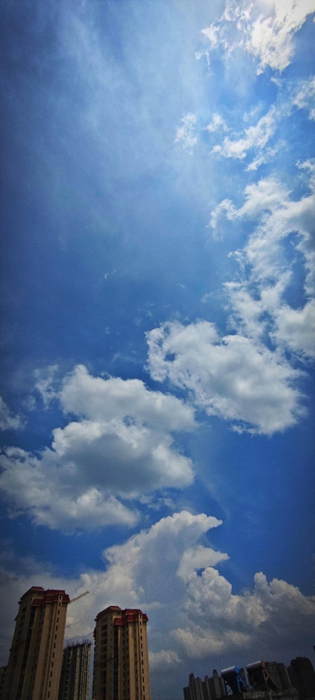我的天空：挂着层层的流云，蝉鸣悠长。望天，不由得赞叹：夏天的颜色是有魔法的！白是