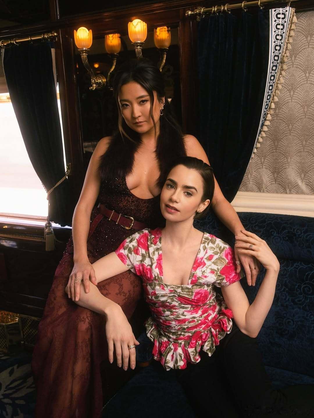 Lily collins莉莉柯林斯和戏里戏外的好闺蜜Ashley park，两人