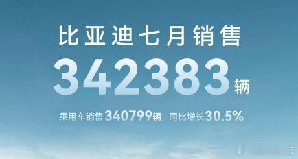 　　比亚迪7月新能源汽车销量34.24万辆，再创纪录，同比增长30.6%。其中，