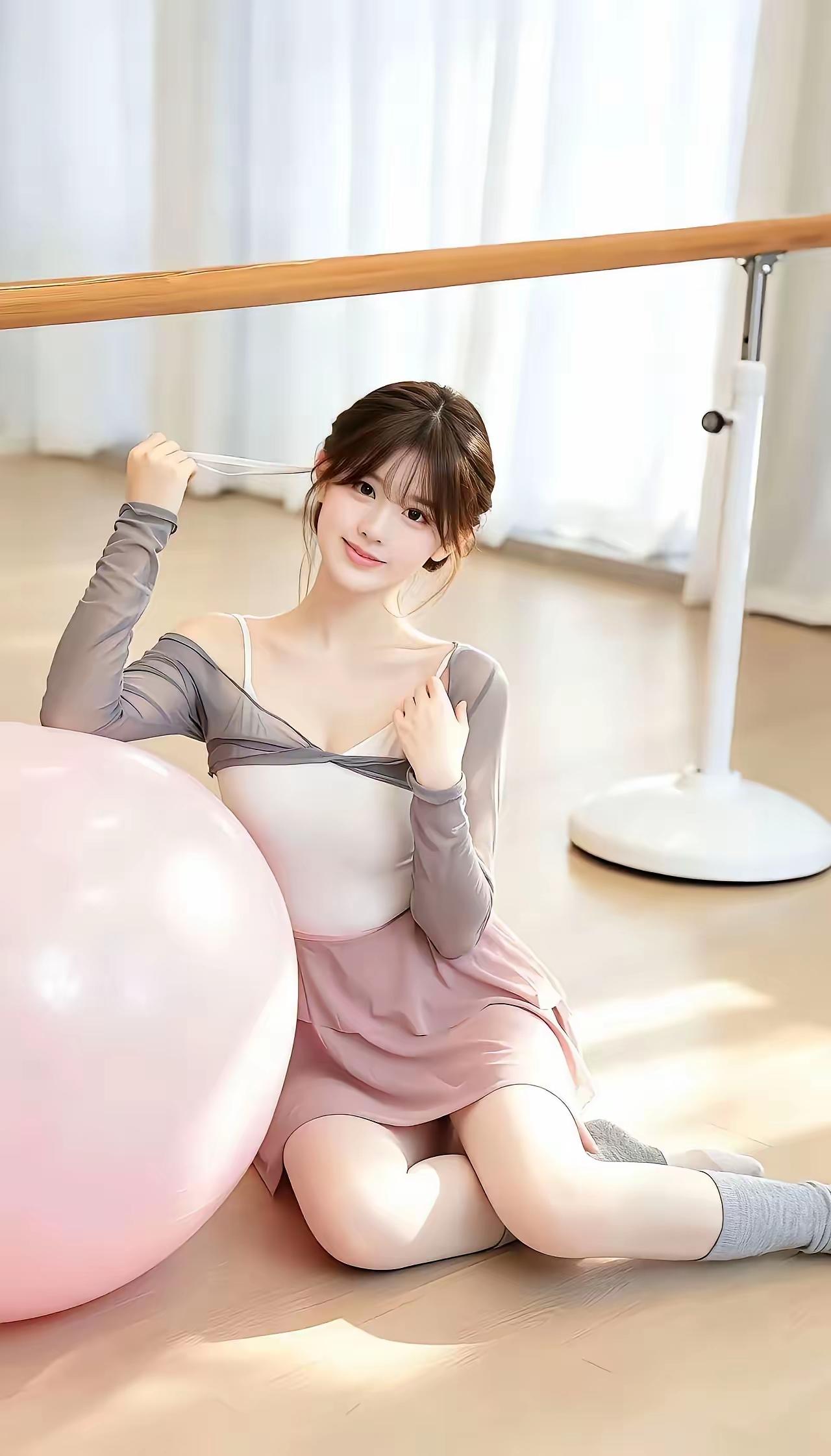 一个女孩坐在舞蹈室里，旁边有个粉色气球。舞蹈室女生 舞蹈室照