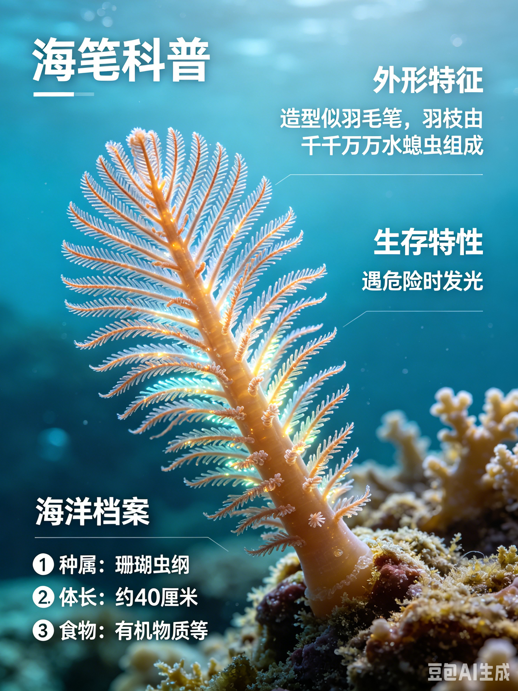海洋朋友圈 海笔海洋档案种　属：珊瑚虫纲体　长：约40厘米食　物：有机物质等海笔