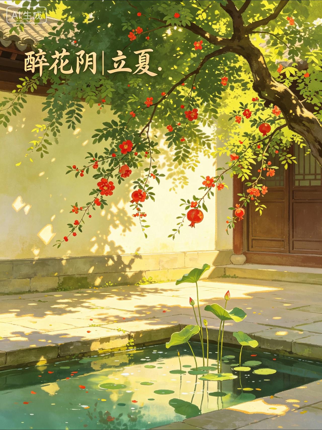 《醉花阴·立夏》珠乡小女

风送残春芳事了，新绿笼清晓。
榴火欲凝红，柳影垂烟，