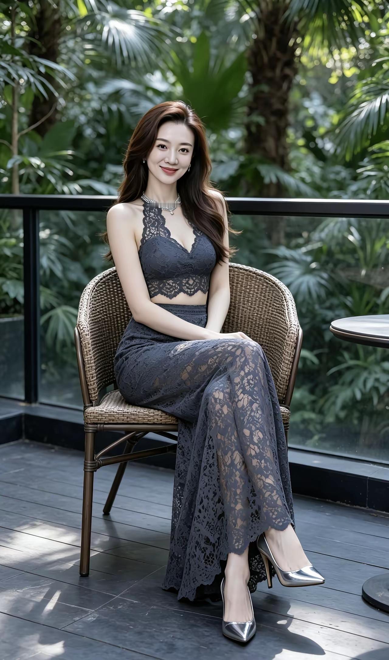 花影摇曳间，美人倚栏坐。高雅气质美女