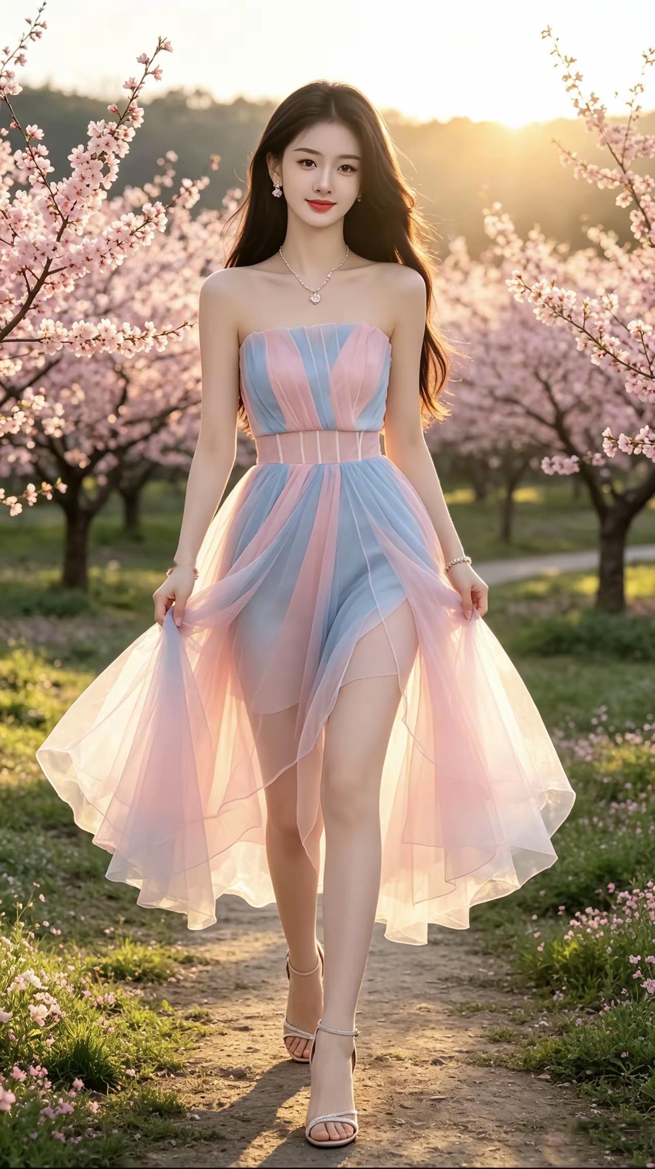 春风拂面花满径，美人如画意自生。