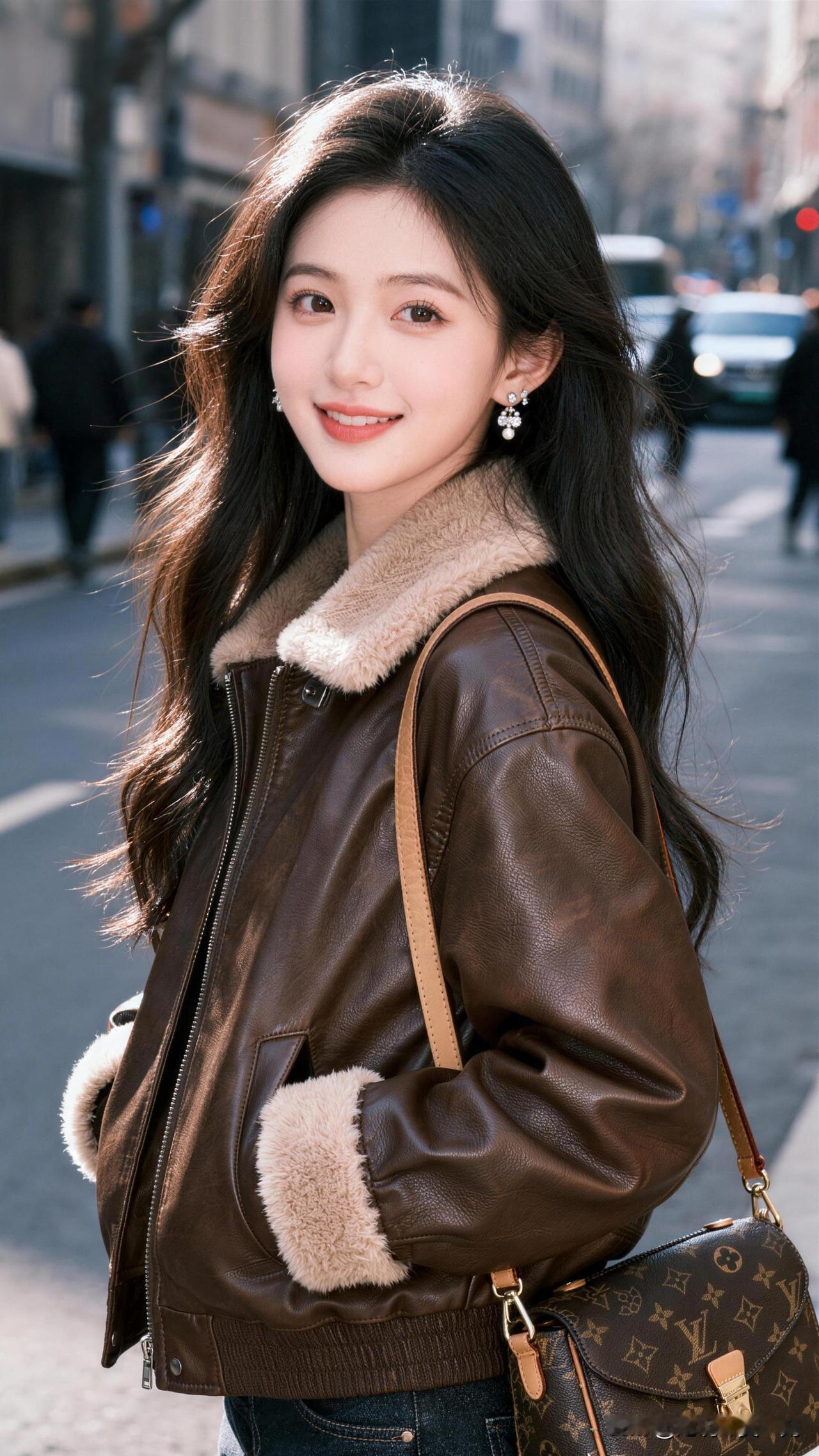 笑靥如花，岁月静好。分享美女穿搭服饰 元气少女穿搭指南：棕色皮夹克+毛绒内衬，时