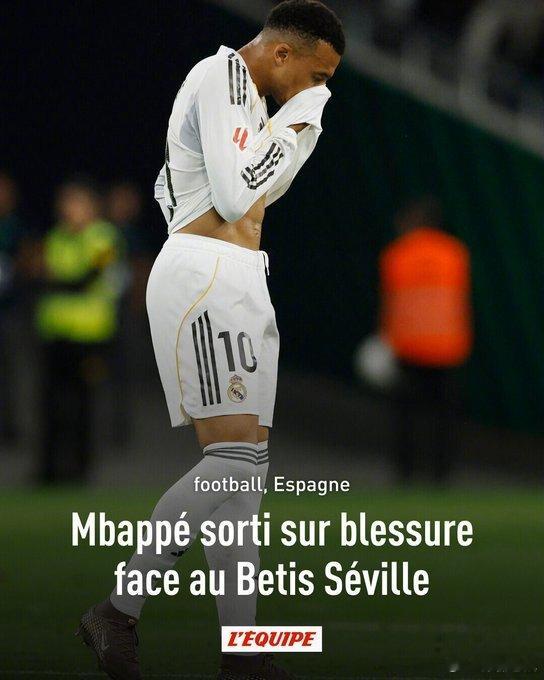 【伤退】皇马前锋姆巴佩在对贝蒂斯的比赛中首发出战，第81分钟主动要求换人，他的问