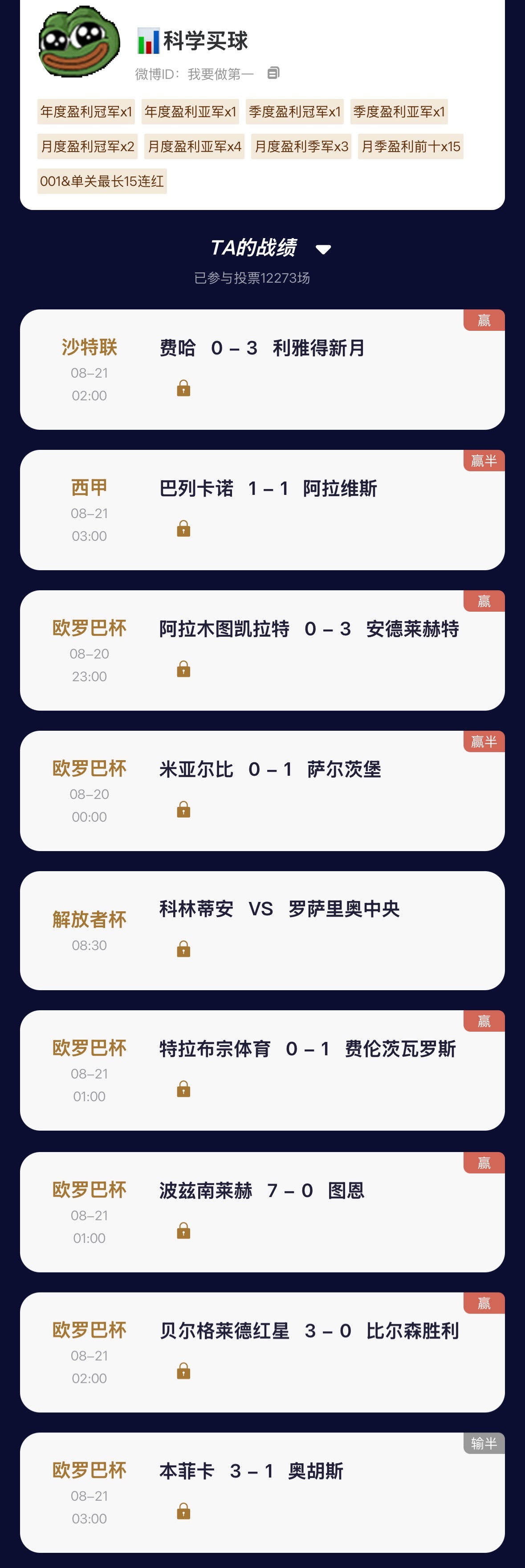 【“猜球”——民间高手】去年月冠 昨日001单关4场全部拿下，竞彩交出8中7的亮