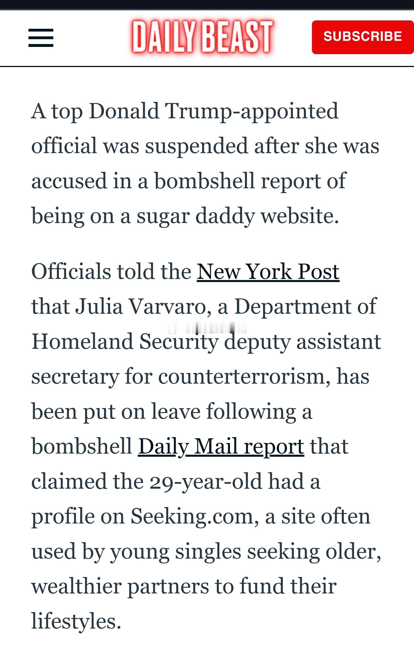 美国网络媒体The Daily Beast爆料，现年29岁的国土安全部反恐事务副