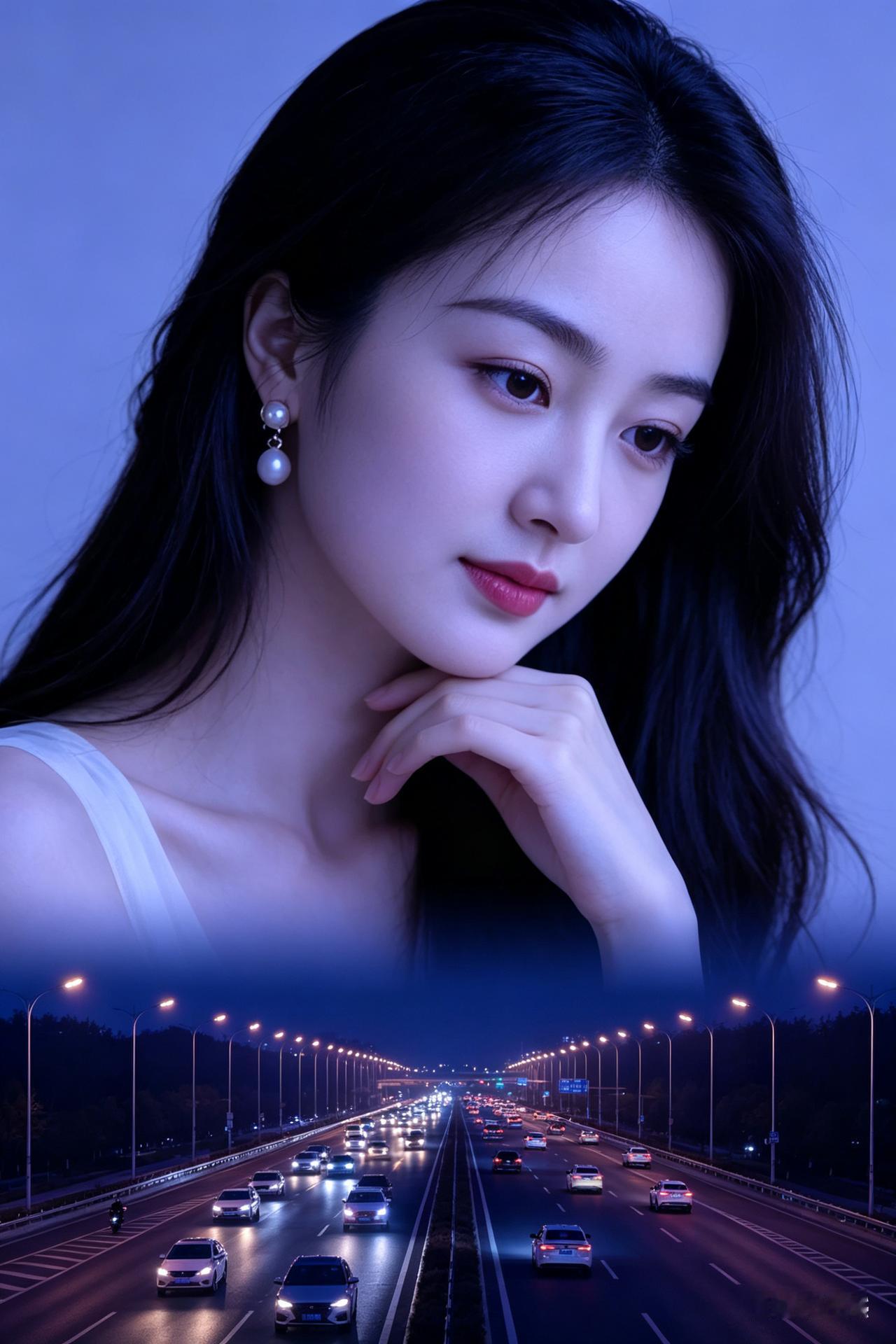 长发女子柔顺垂发，简约耳环素净雅致，轻托下巴眼含淡淡思绪。夜路车流平缓，路灯漫洒