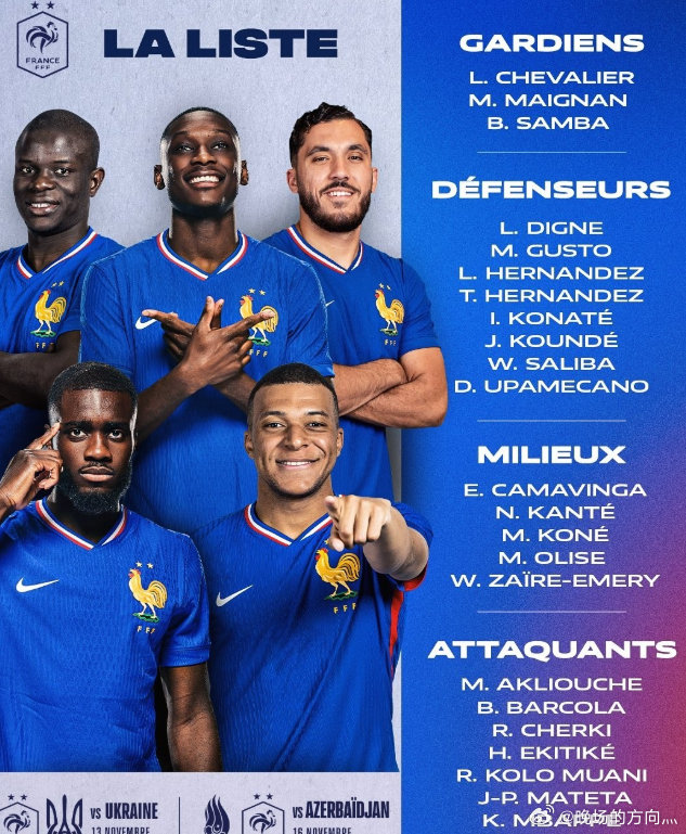 法国队11月大名单：姆巴佩领衔，坎特、谢尔基在列法国队公布了11月国际比赛日期间