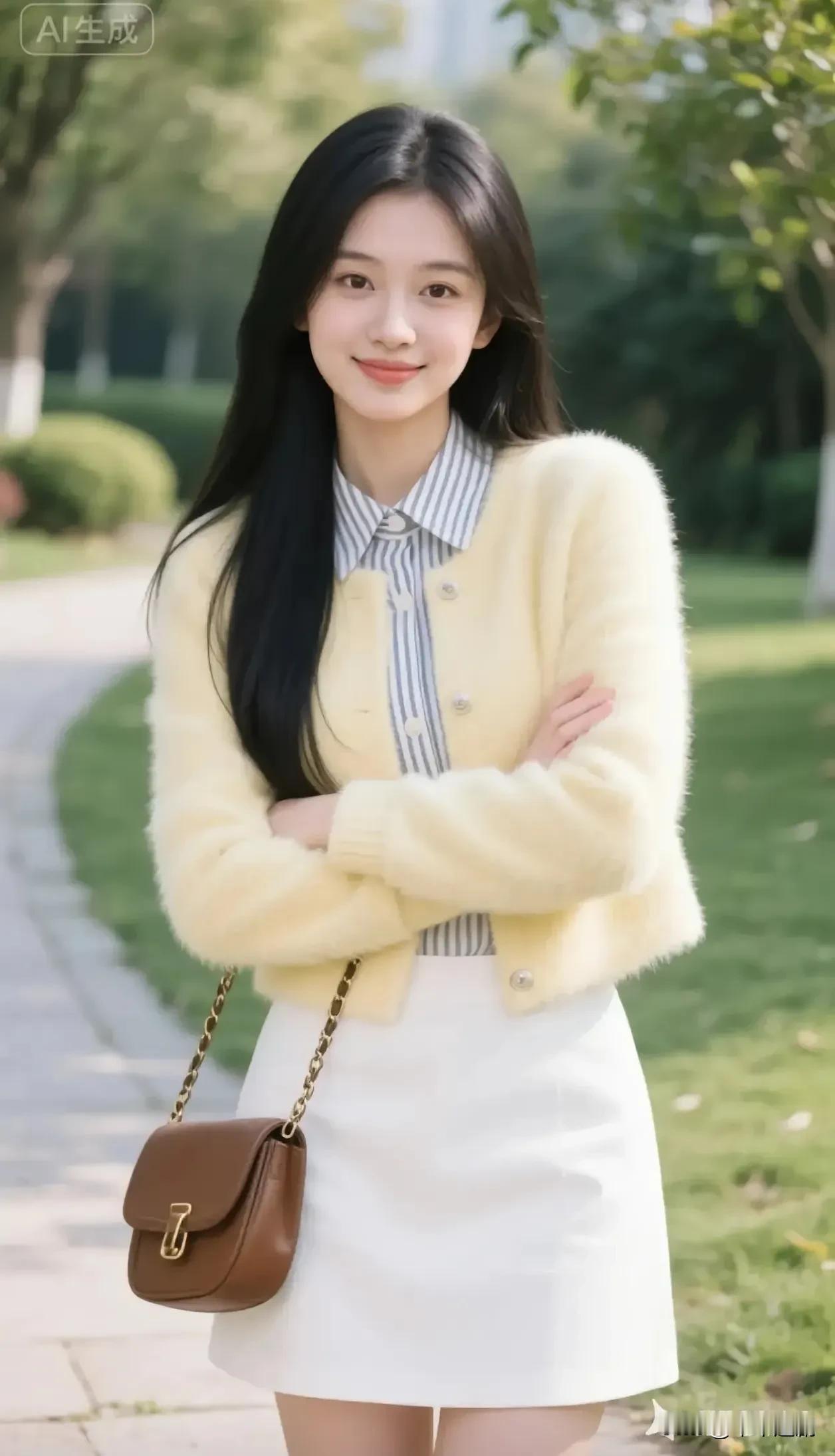 软乎乎的鹅黄裹着春日，条纹领角藏了点清爽。棕包链晃着风的温度，连臂弯里都兜着晴日