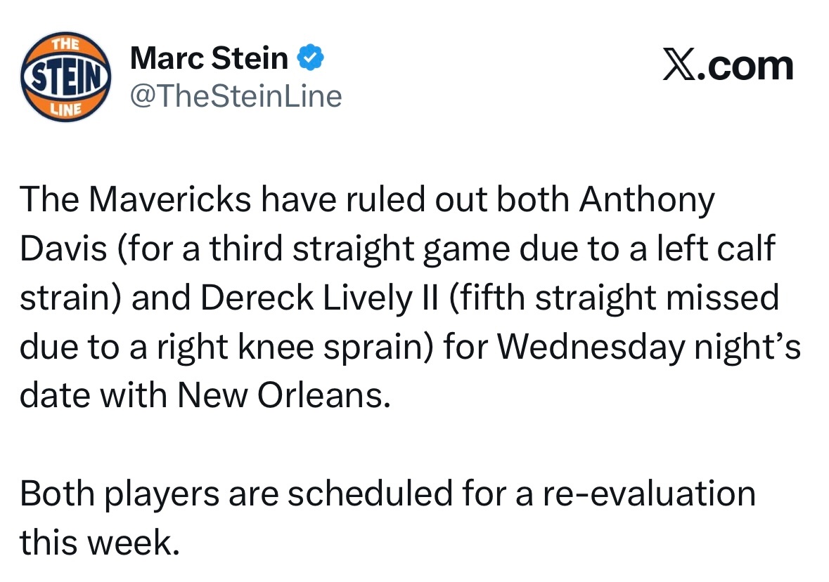 戴维斯（因左小腿拉伤连续缺阵三场）和莱夫利（因右膝扭伤连续缺阵五场）缺席与鹈鹕的