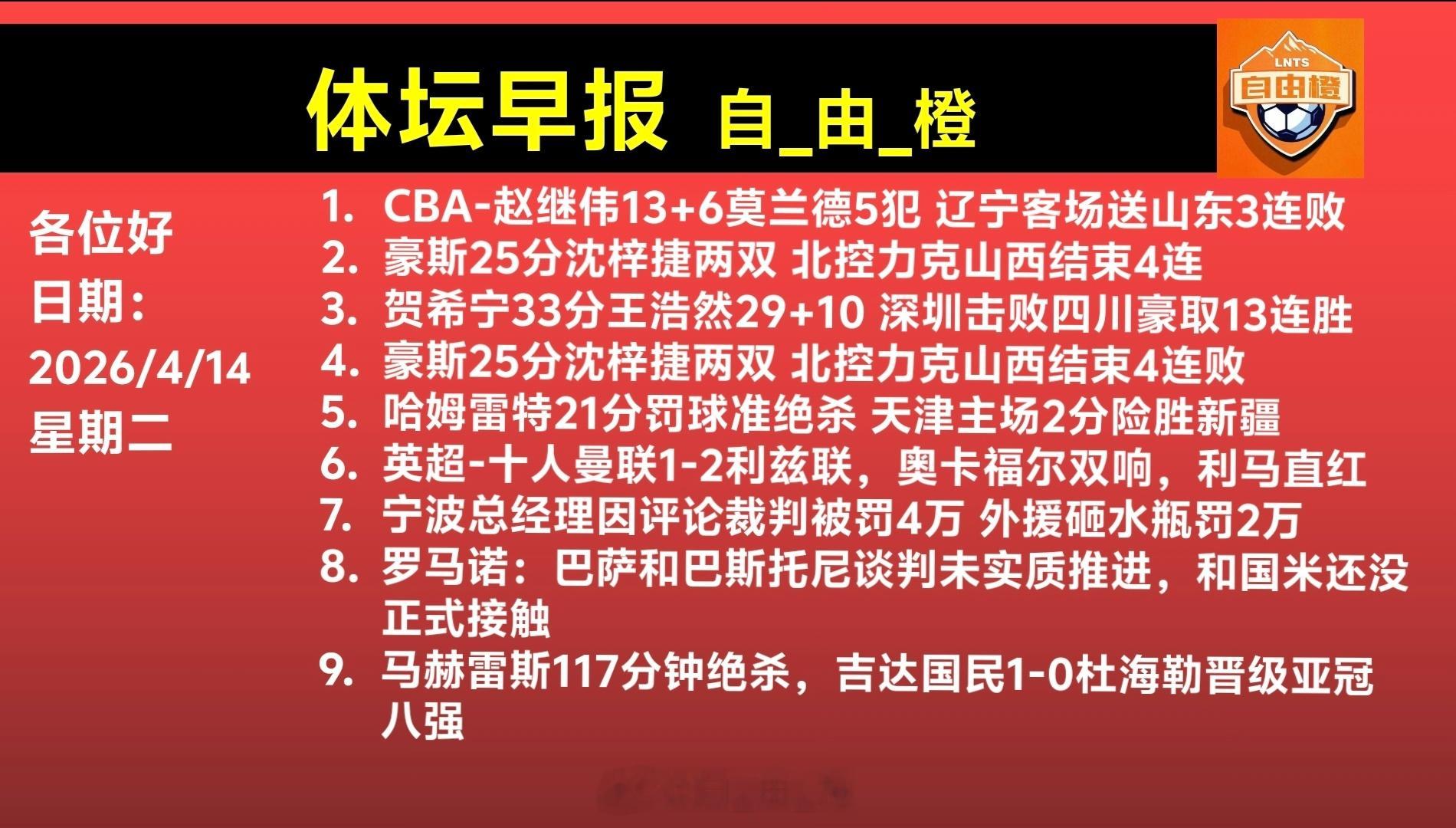 自由橙每日橙语体坛早晚报