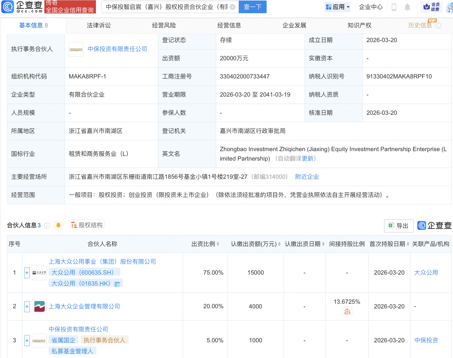大众公用、中保投资等新设股权投资合伙企业