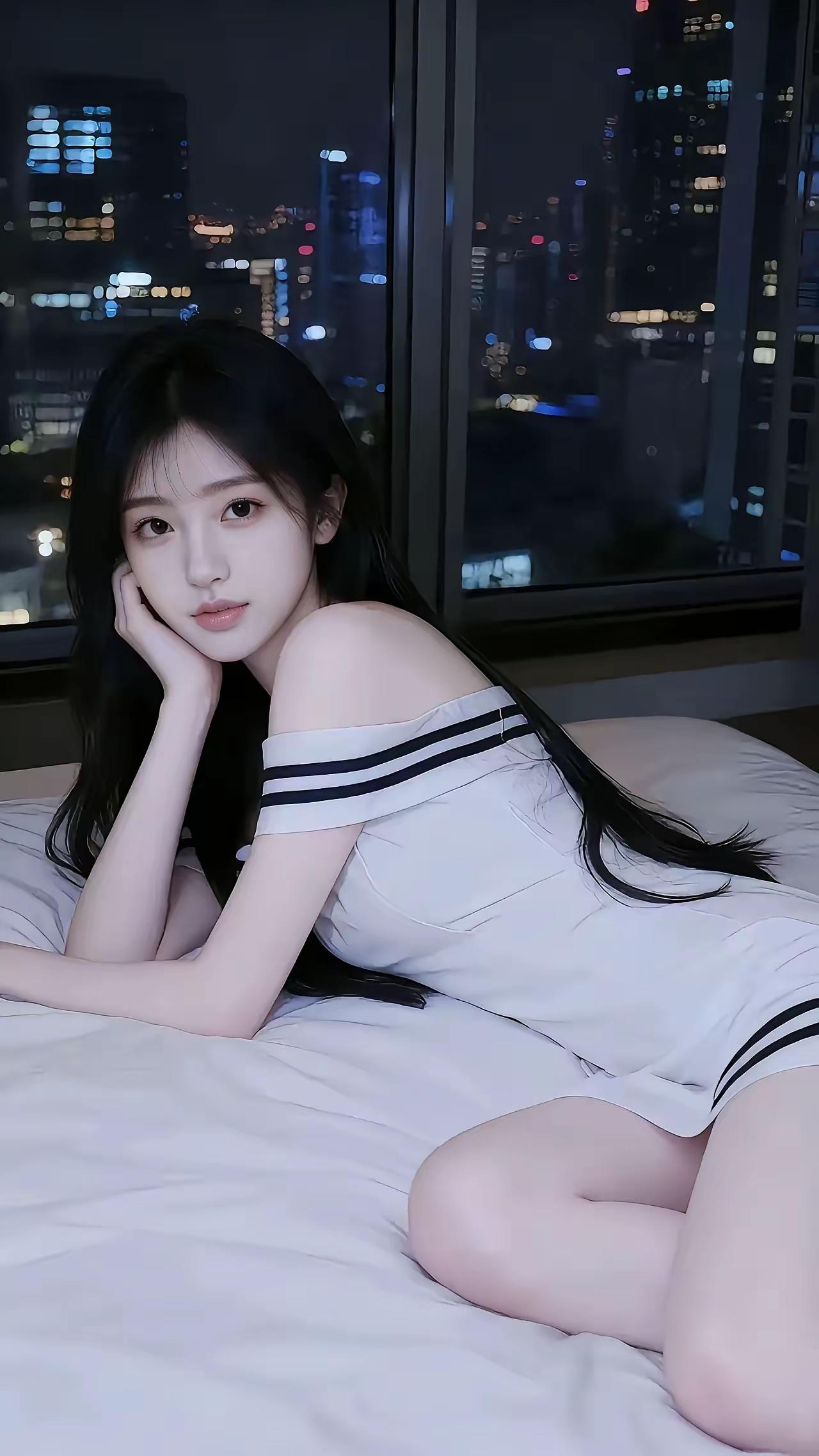 都市夜景下的少女，黑白条纹裙，沉思的姿态，静谧而美丽。女生睡觉喜欢穿袜子吗? 运