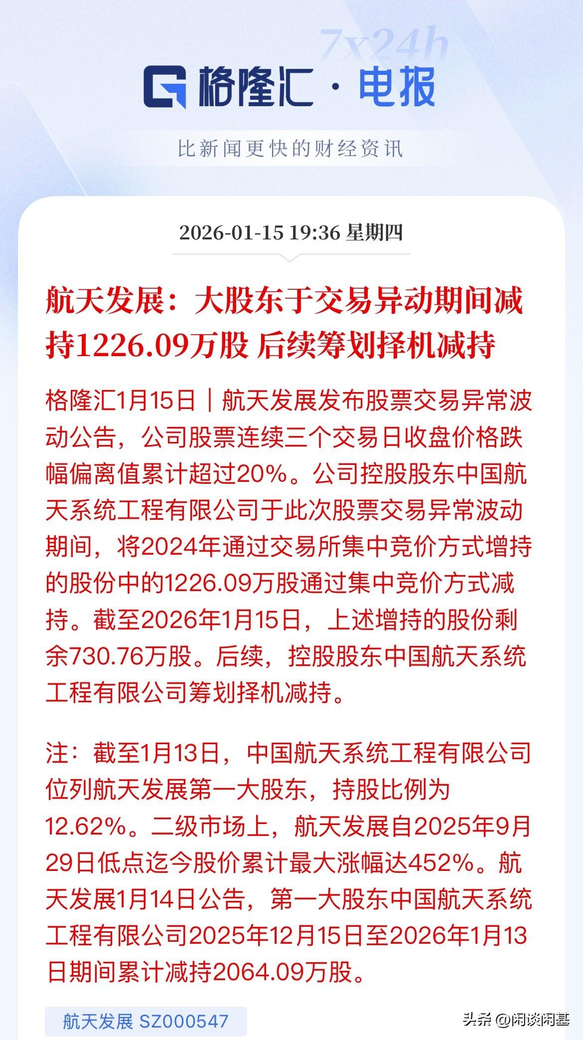 翻4.5倍的航展发布公告减持，屡见不鲜，只要涨的好，基本最终就是这个操作，减持，