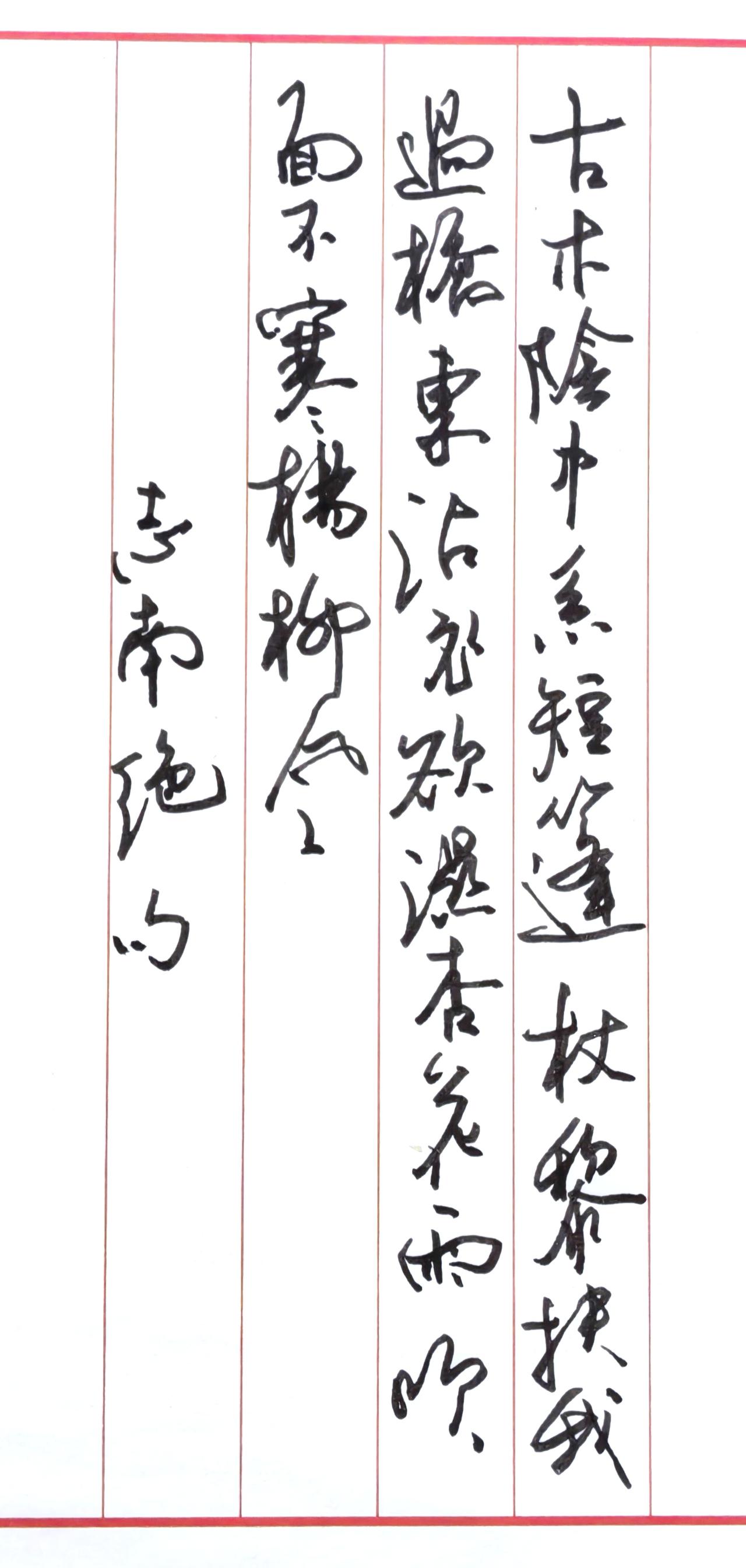 钢笔抄写
《志南·绝句》
古木阴中系短篷，杖藜扶我过桥东。
沾衣欲湿杏花雨，吹面