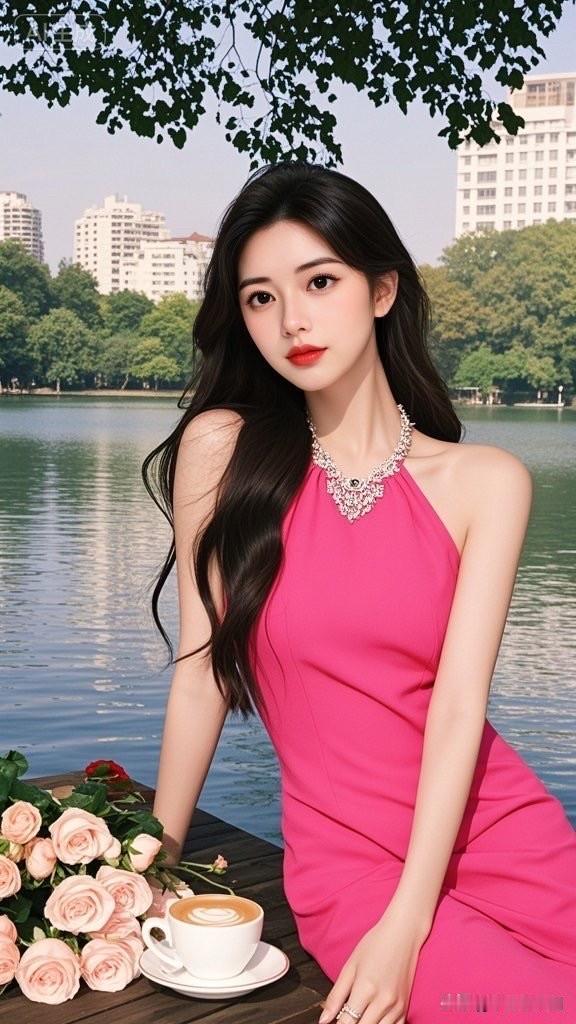 在湖畔享受悠闲时光，粉色裙子和咖啡的完美搭配，浪漫又迷人。