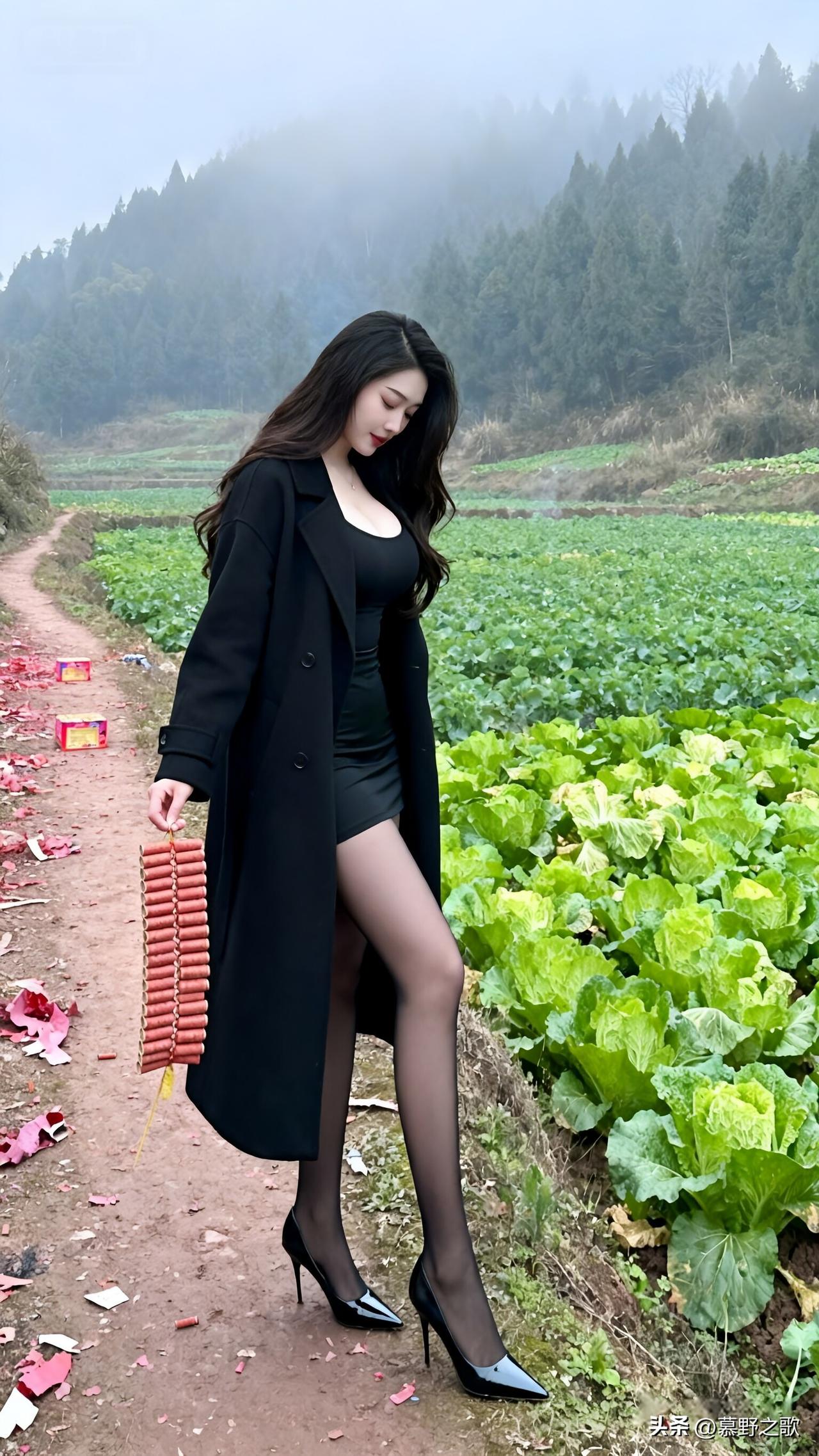 晨雾未散，菜地里的白菜还挂着露水。她穿着黑色长大衣站在田埂上，手里拎着一串鞭炮，