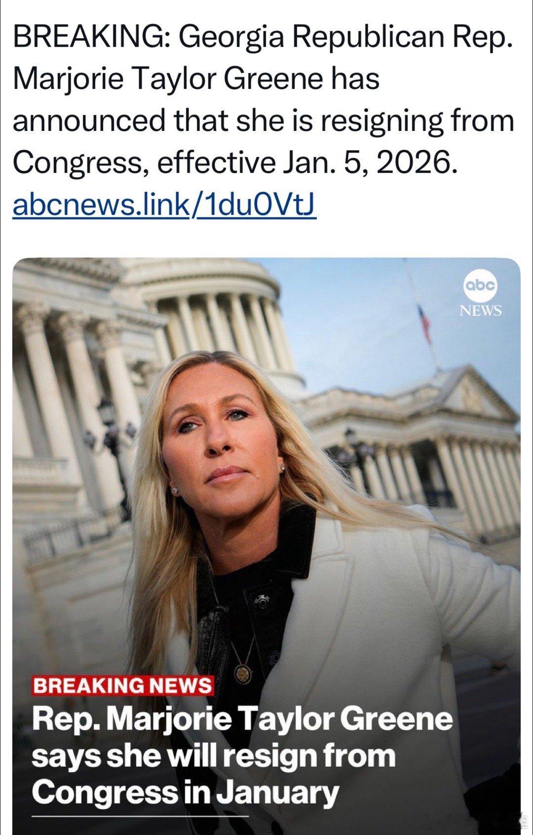 佐治亚州共和党联邦众议员Greene宣布：辞去国会职务，明年一月生效给出的理由：