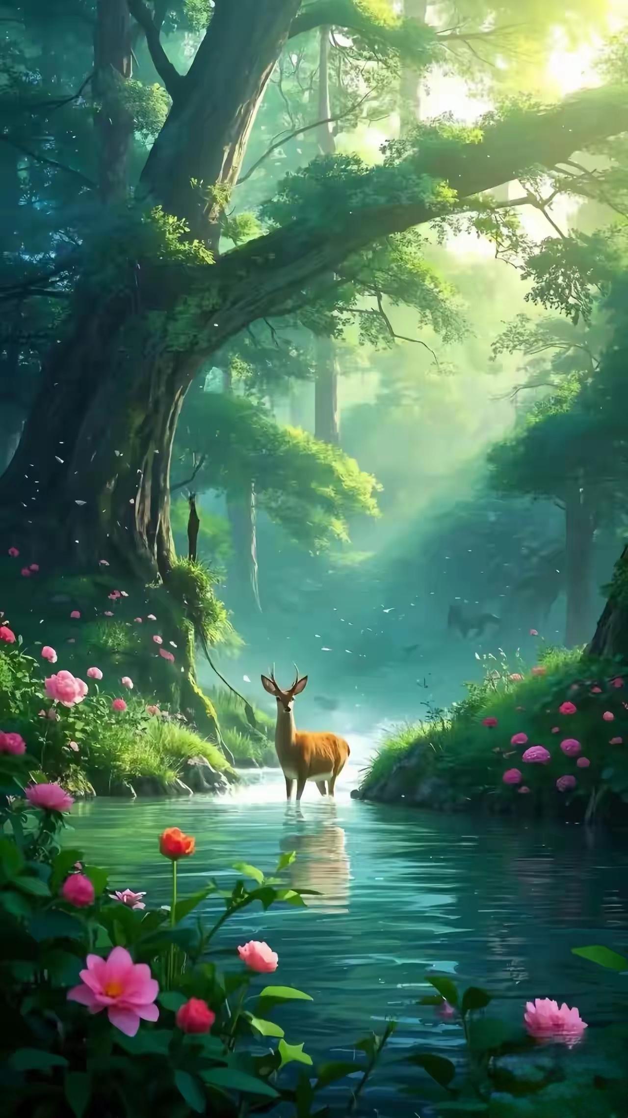 鹿饮清溪水，花映绿树阴。