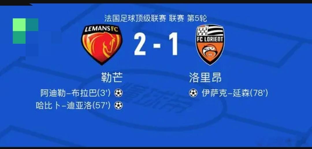 勒芒2-1洛里昂，哈比卜-迪亚洛破门，阿迪勒-布拉巴建功北京时间9月20日法国足