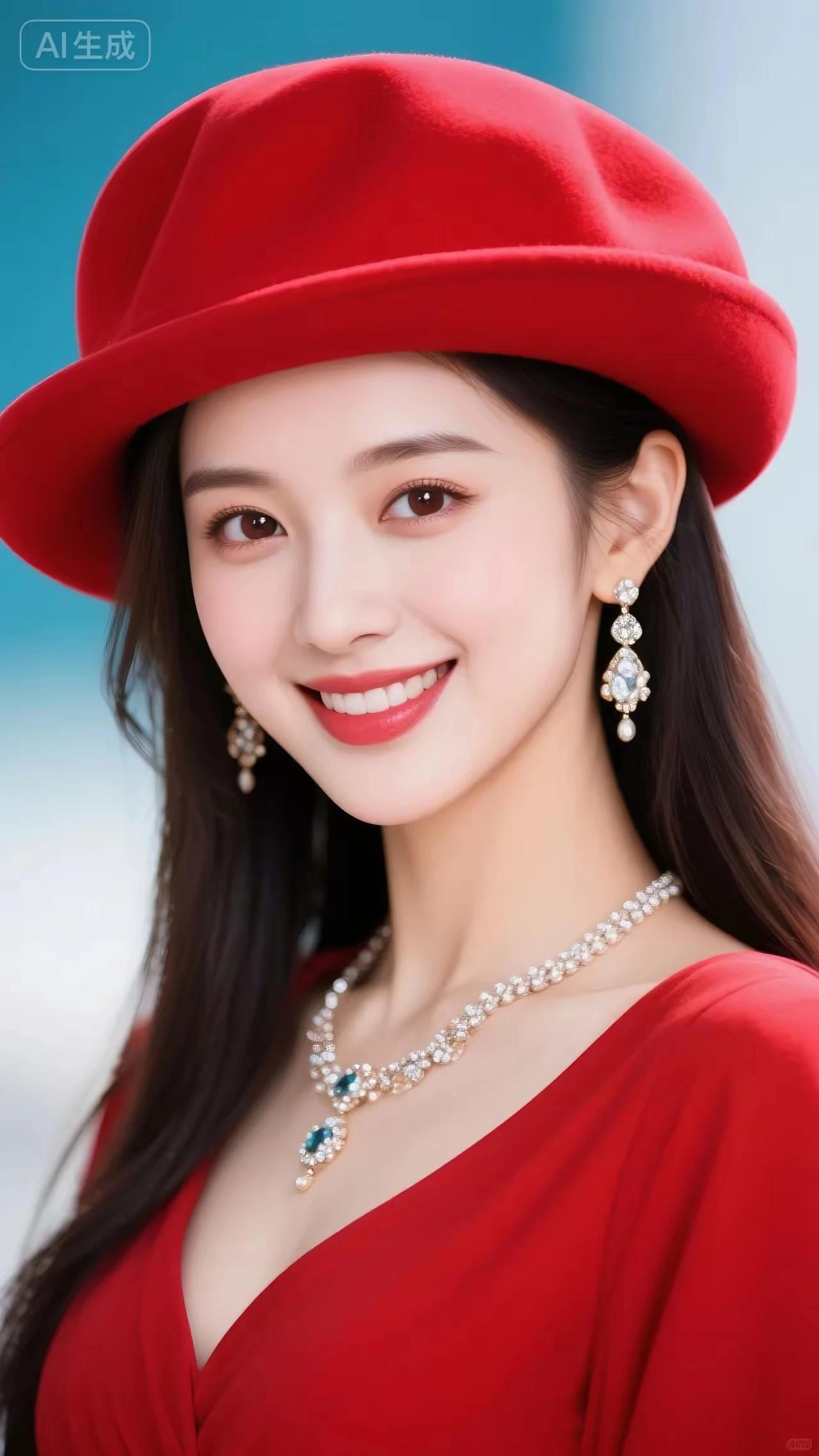 东方佳丽，红色礼帽。
艳若桃花，婀娜多姿。
冰肌玉骨，明眸皓齿。
沉鱼落雁，闭月