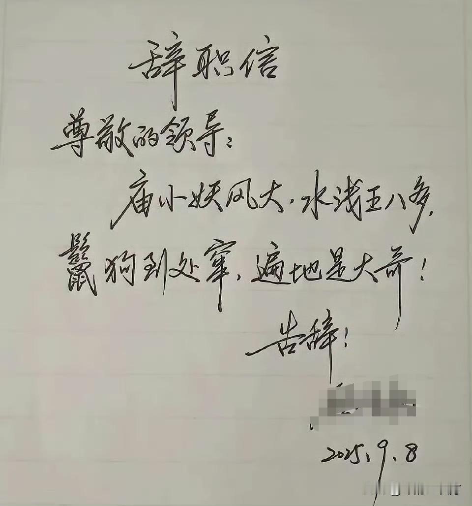 这封辞职信的字真的很漂亮，大家来看看这属于什么水准？

感觉这字甩我n条街啊，太