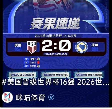美加墨3名东道主，全部晋级16强！
1、美国2：0波黑，晋级16强
2、墨西哥2