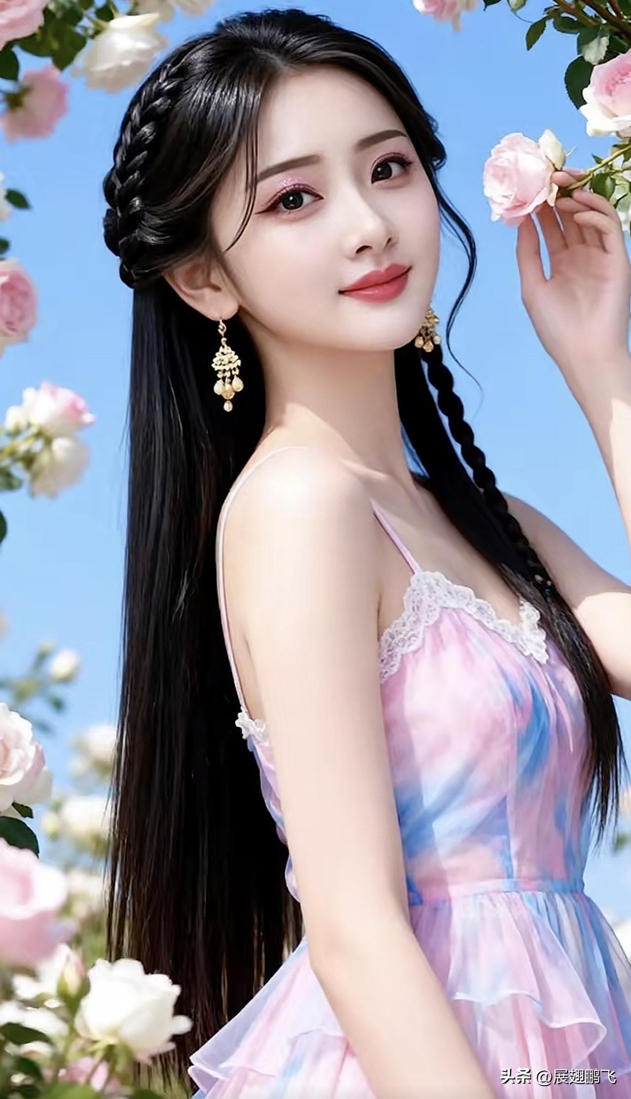 温柔甜美的少女，粉色连衣裙与花海相映成趣，梦幻又浪漫。花海少女感 紫色花海少女 