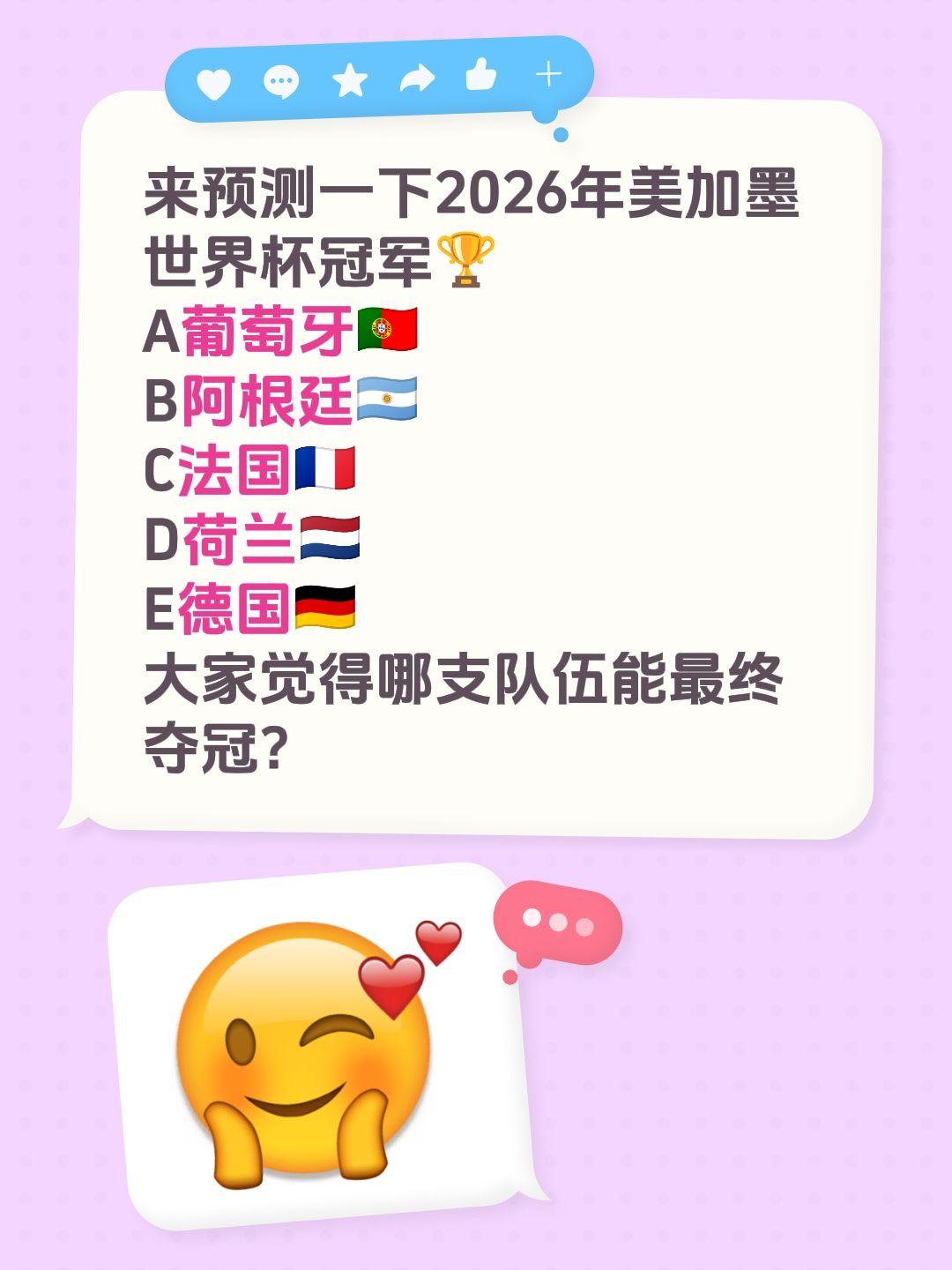 来预测一下2026年美加墨世界杯冠军🏆 A葡萄牙🇵🇹 B阿根廷?...