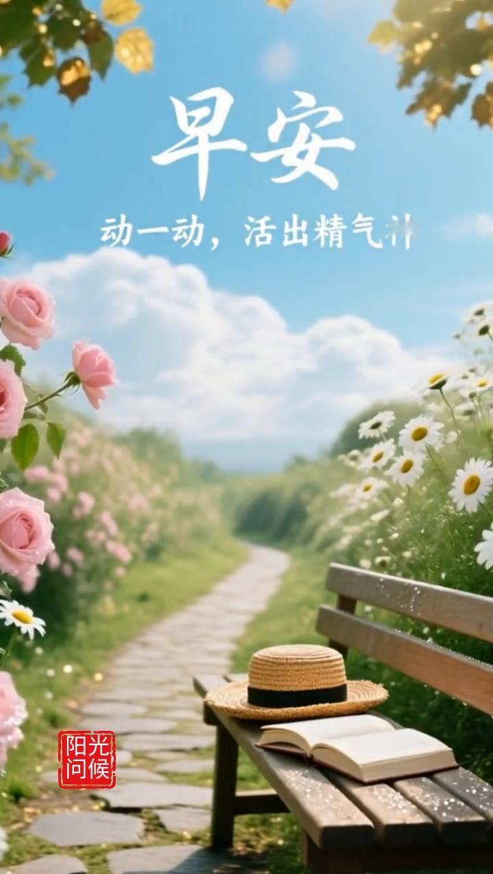 早安。
动一动，活出精气神。阳光，问候，假期快乐。五一，阳光，问候。