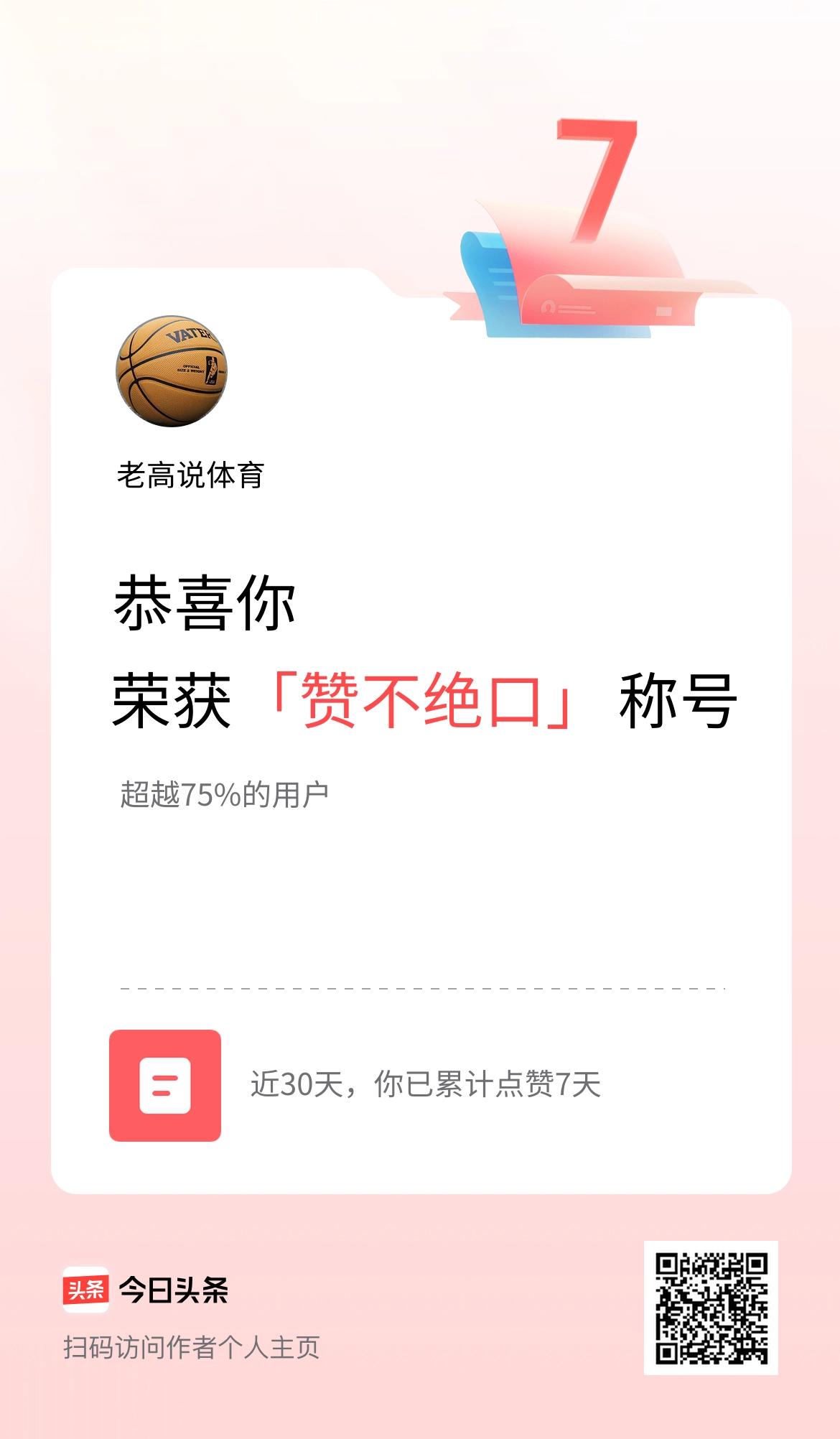 我在头条30天内点赞打卡7天，获得“赞不绝口”称号