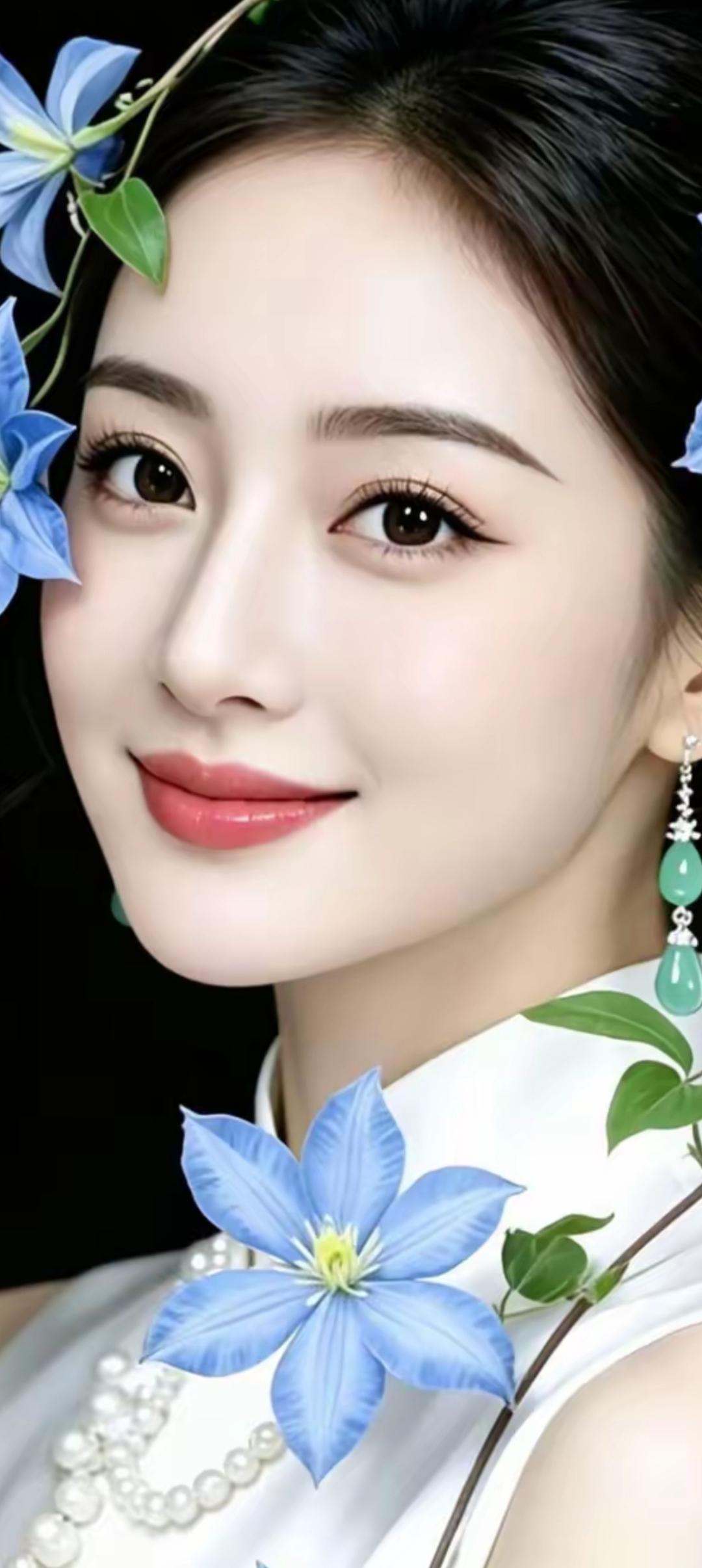 温柔古典的东方美人，蓝花点缀的优雅装扮，尽显东方韵味。