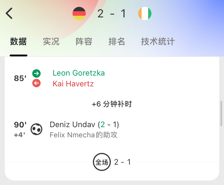 德国2-1科特迪瓦，纳戈尔斯曼换人调整有点东西。第60分钟换人，8分钟后替补上场