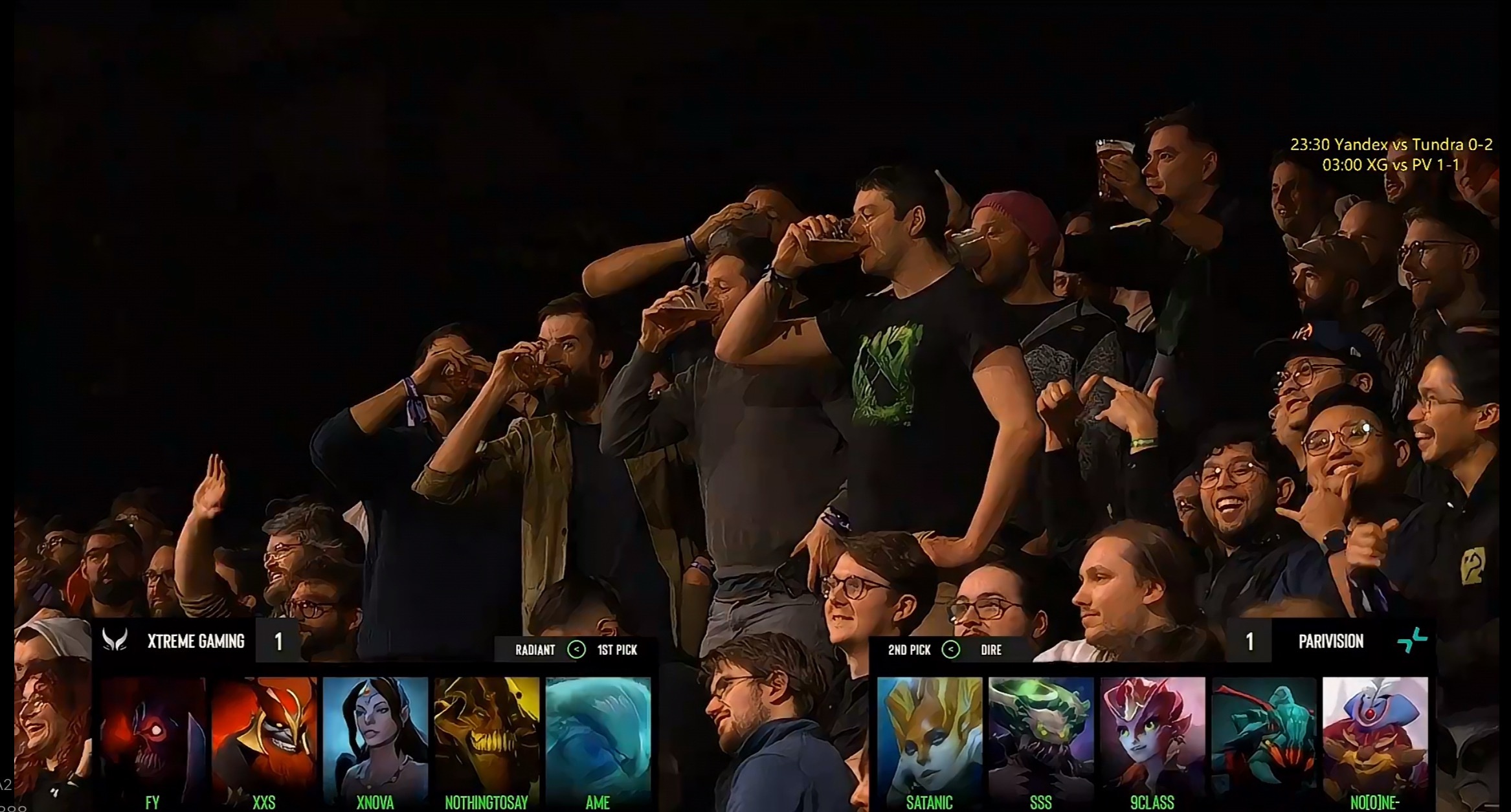 哈哈这现场人手一杯啤酒，摄像机照到哪那人就把一杯干了，然后全场欢呼！dota2