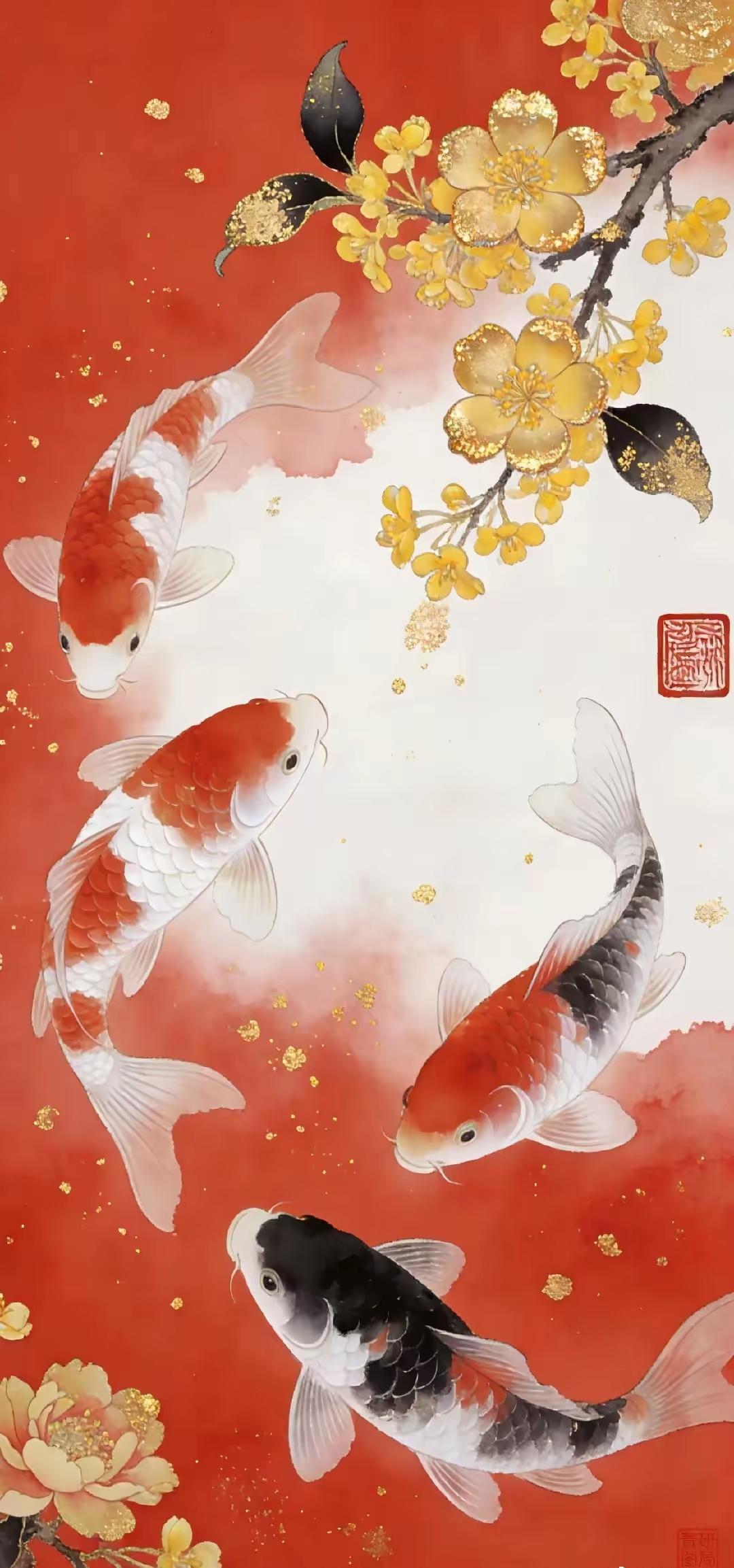 手机壁纸～锦鲤跃水，金桂飘香，红运当头。
一池祥瑞，满幅吉光，愿往后岁岁年年，好