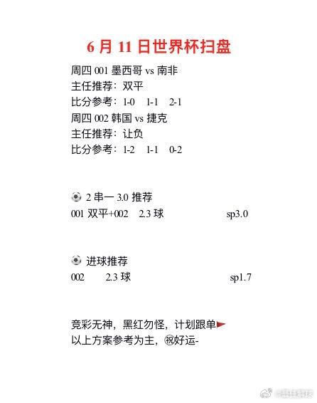 万物皆有裂痕，那是光照进来的地方。6月11日今日世界杯预测墨西哥vs南非韩国vs
