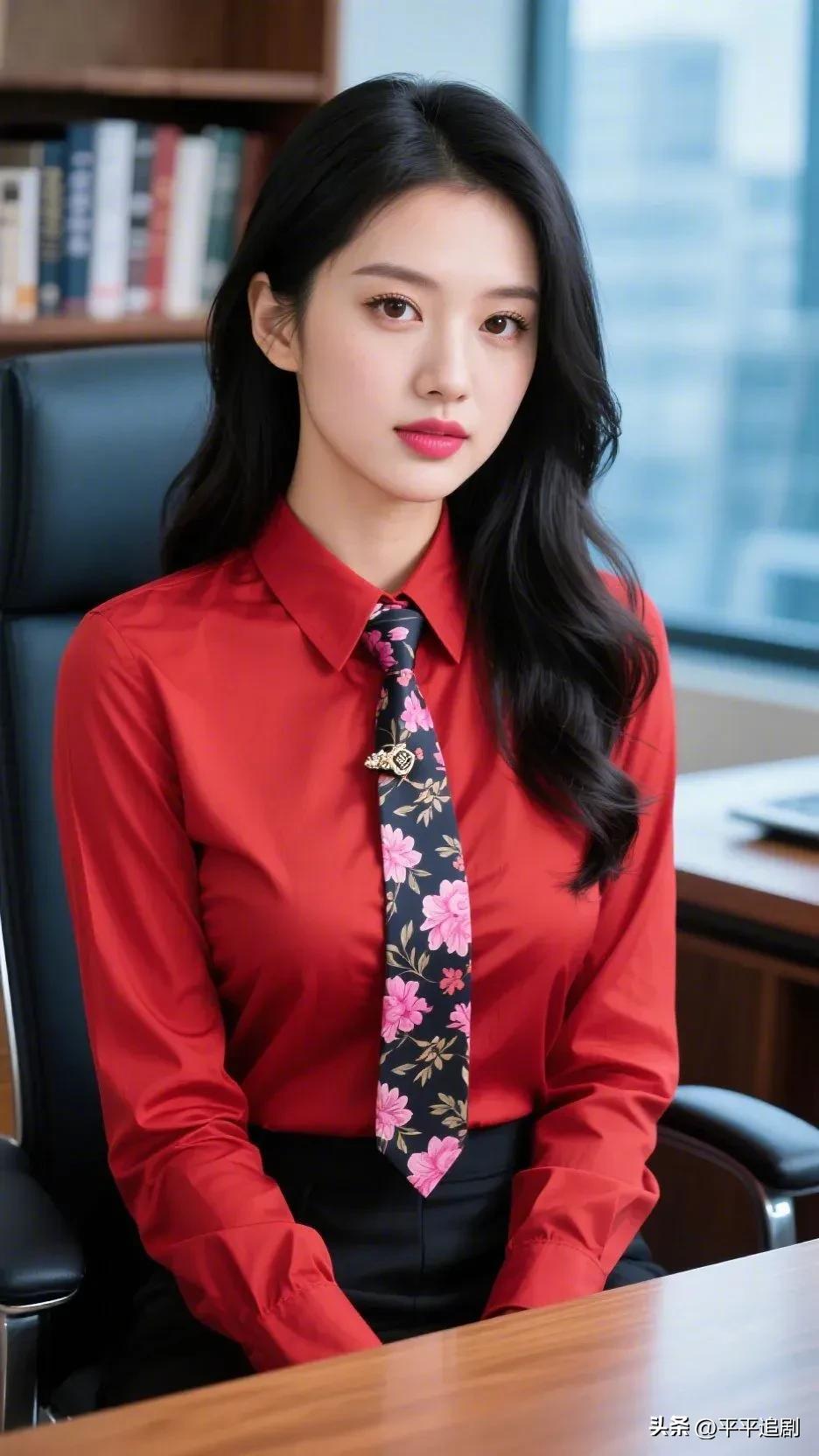 红衫利落，繁花系于颈间，职场的锋芒里，藏着独一份的温柔与坚定。
女生的高级气质