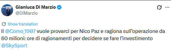 迪马还说科莫正在重新考虑帕斯的情况了，正在评估是否投资6000万欧元。 