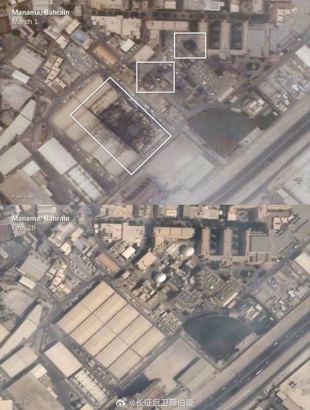全球武器装备盘点 美伊以冲突外网网友分析了美国在巴林的海军基地的卫星图像。指出打