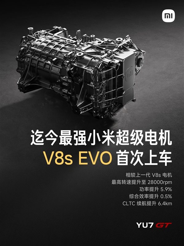 小米汽车官宣：YU7 GT搭载自研超级电机V8s EVO（EVO=进化），核心升