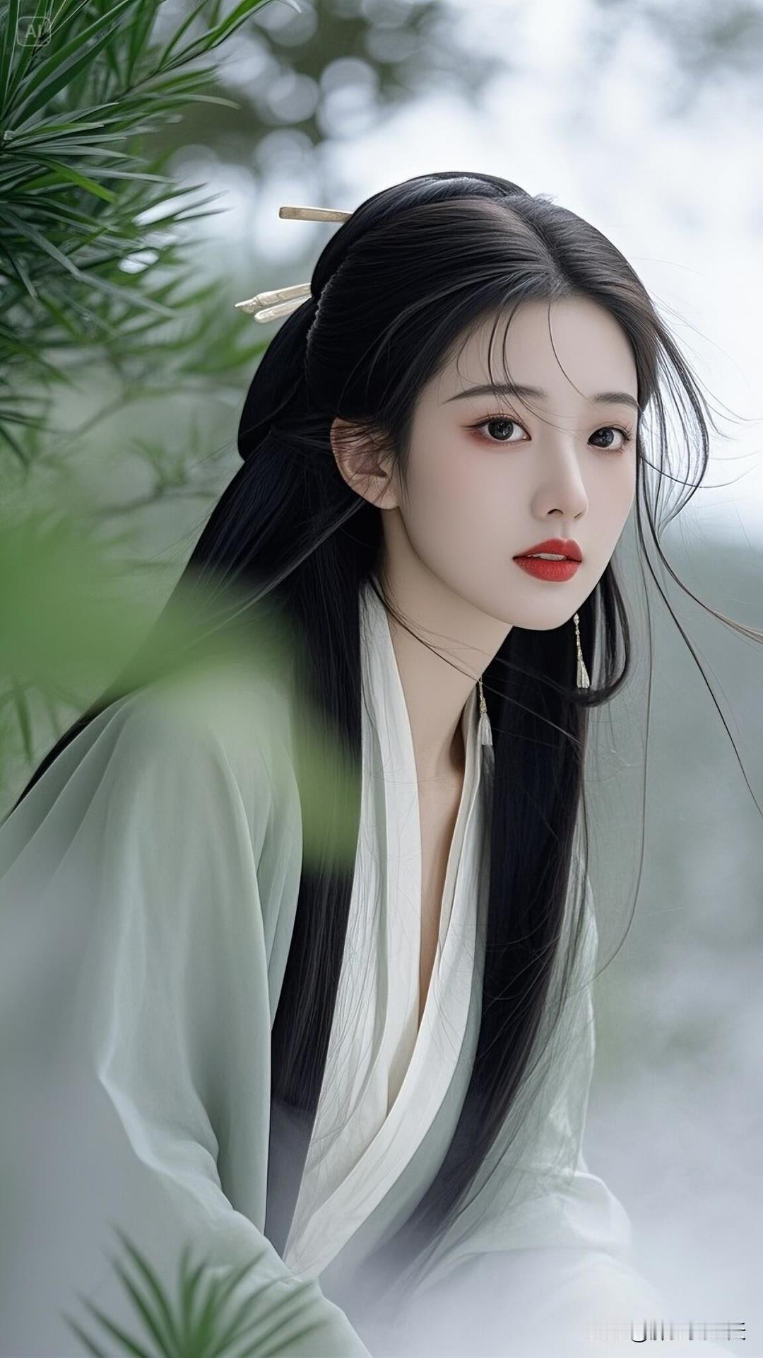 一袭白衣，墨发如瀑，眉眼间尽是古韵风华；她回眸一笑，恰似春风拂过三月的桃花林。古