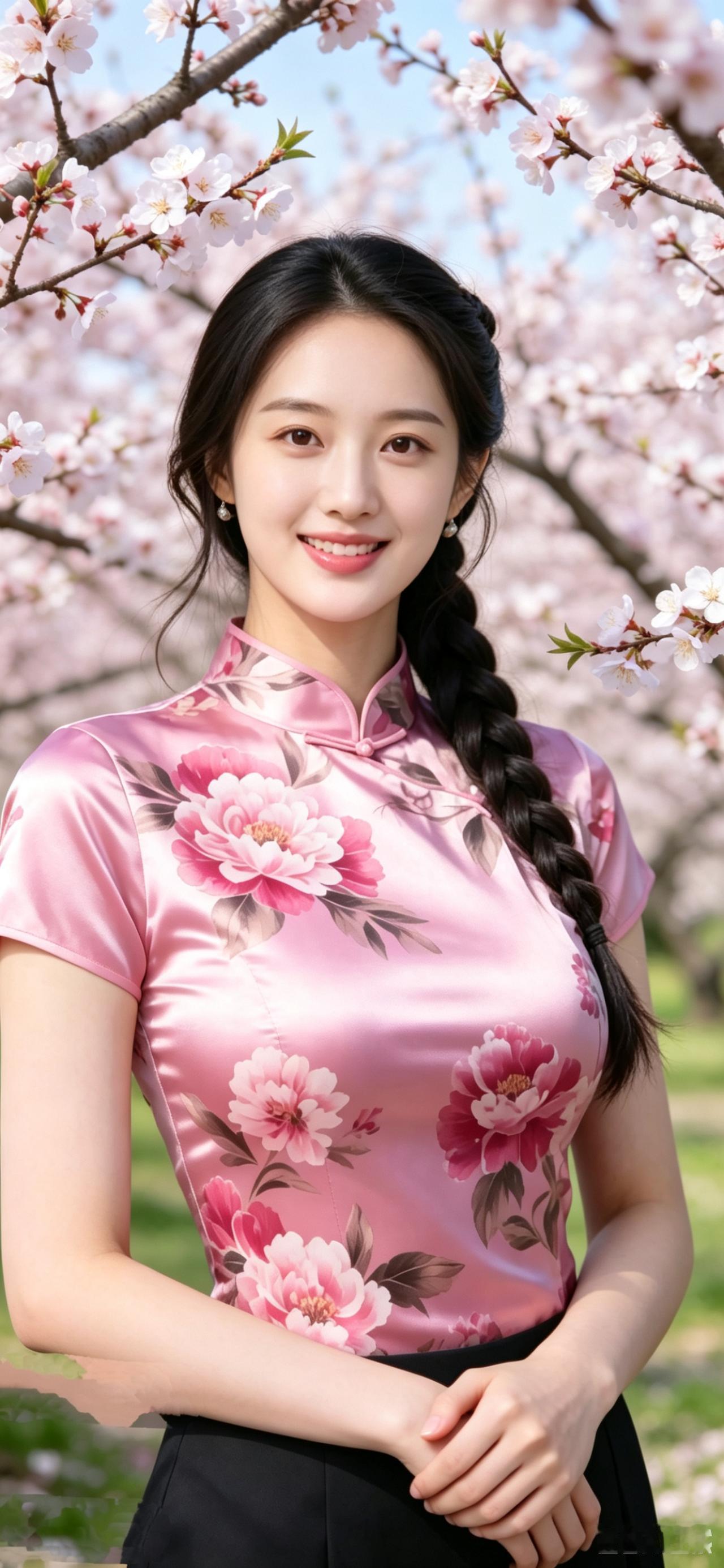 春日花海中的优雅少女，粉色旗袍尽显东方韵味。