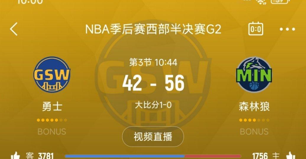 进入暂停，勇士落后14分。勇士vs森林狼 ​​​