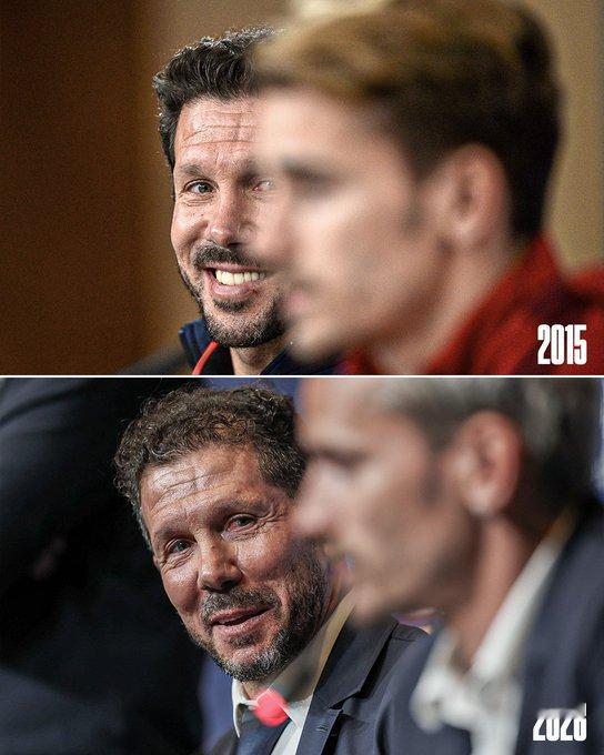 迭戈·西蒙尼在相隔11年的两次新闻发布会上给安托万·格里兹曼的眼神 ❤️这两人对