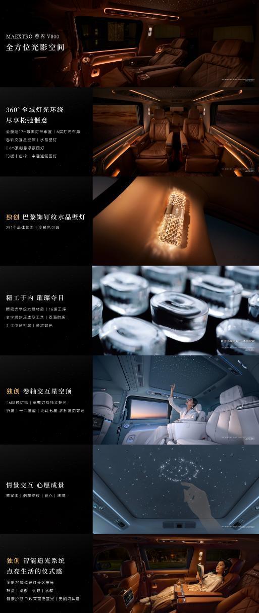 尊界V800登场啦，来看看拉满豪华氛围感的全域光影座舱，360° 环绕灯光打造治