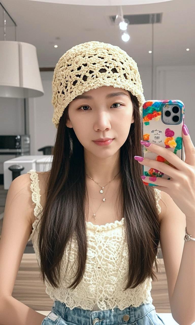 AI针织少女自拍 夏天穿搭 这个帽子有点可爱呀 美颜一开谁还不是个美女呢