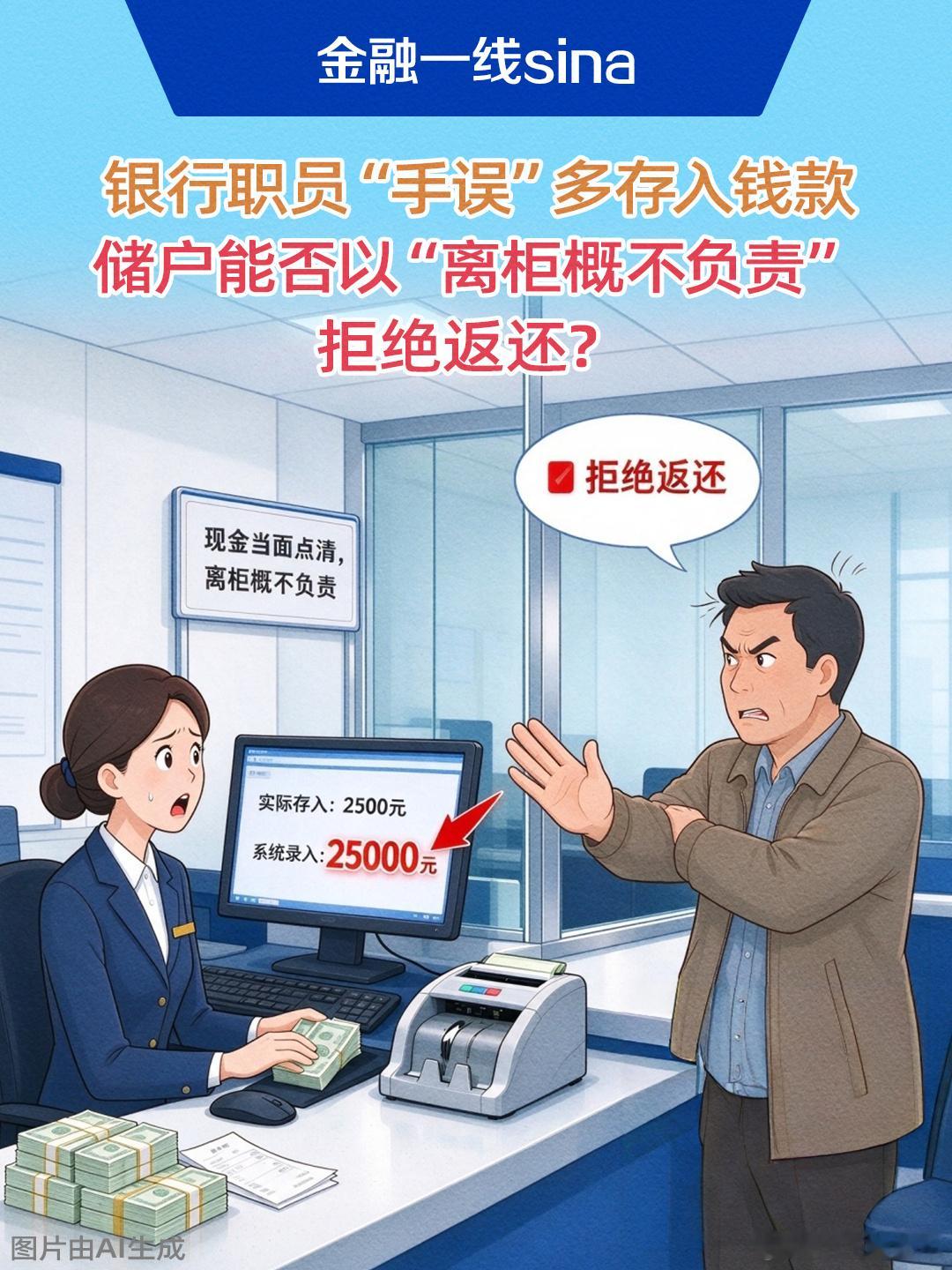 柜员手误多打个0储户称离柜不负责 银行赔了就是储户不当得利，储户赔了就是离柜概不
