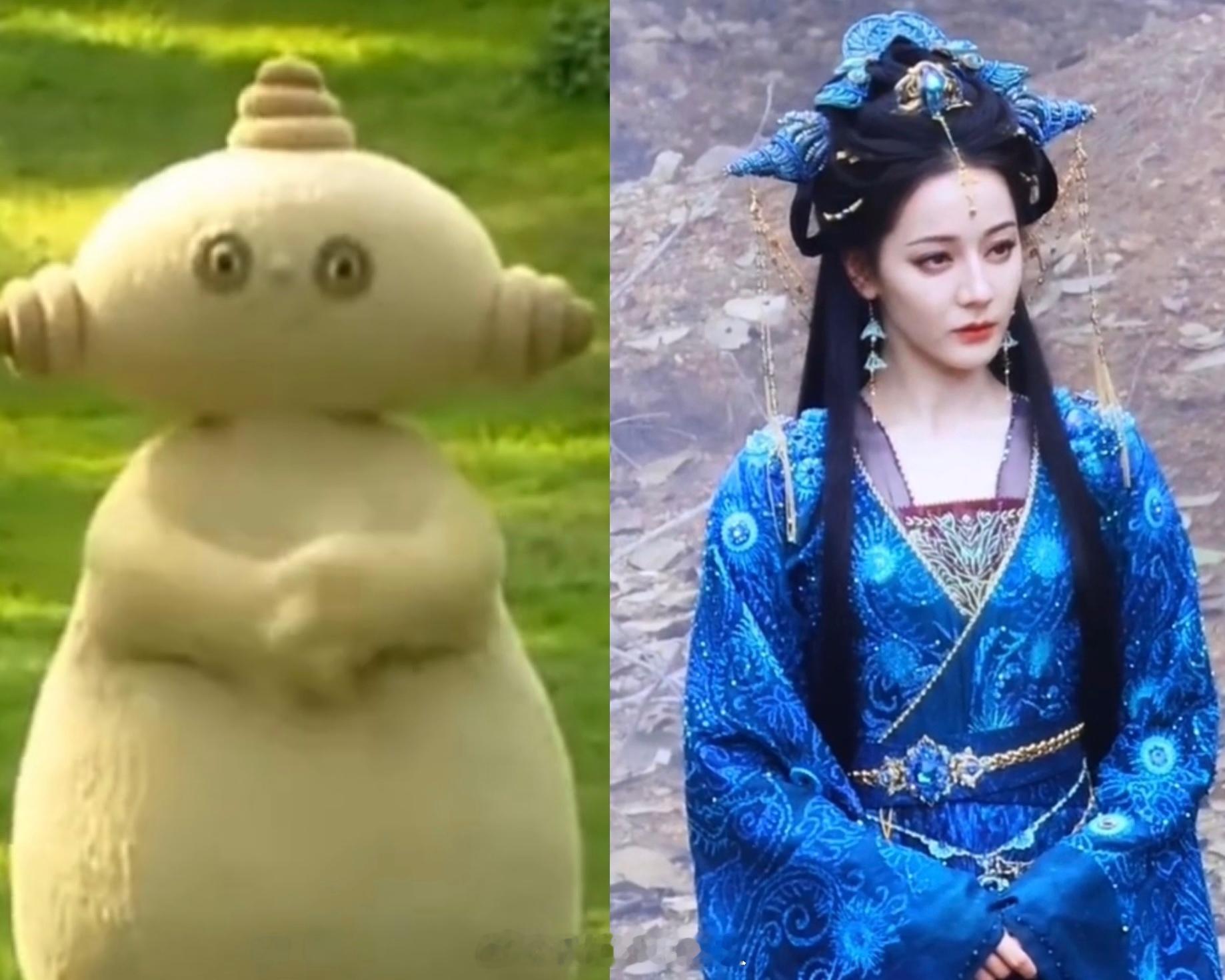 迪丽热巴慕胥辞今日妆造，这个头饰灵感来源是玛卡巴卡吗。。感觉还怪可爱的。。。 ​